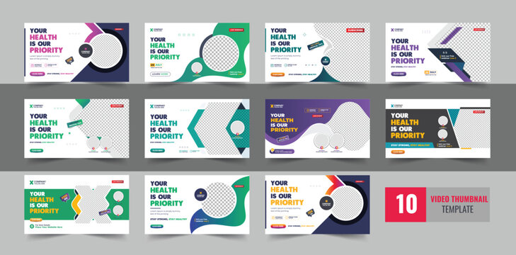 Medical healthcare video thumbnail or web banner video thumbnail bundle, Dental hospital and clinic social media cover thumbnail template set