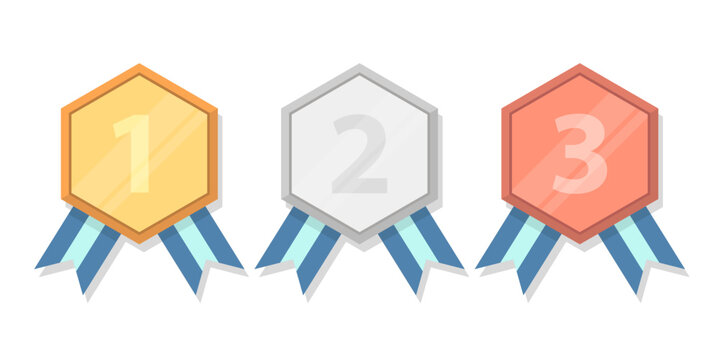 Set of Gold silver and bronze medal badge with ribbon in flat illustration