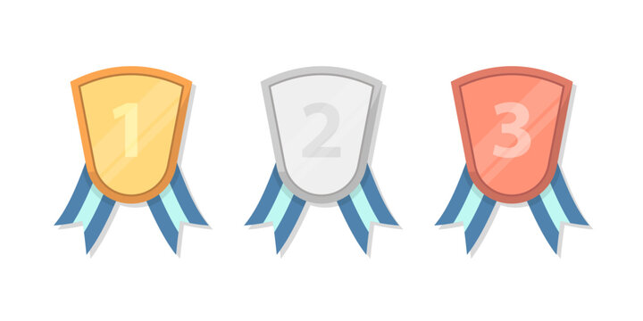 Set of Gold silver and bronze medal badge with ribbon in flat illustration