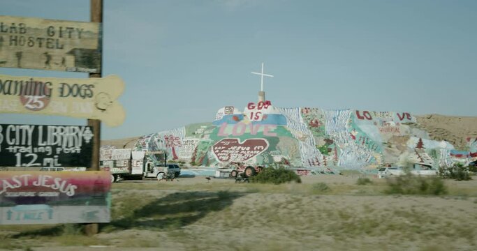 Regular footage of a road near the Salvation Mountain in the area of California desert