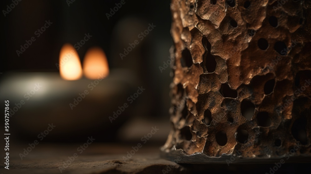 Poster a close up of a candle on a table with a candle holder in the background and a candle in the foregro