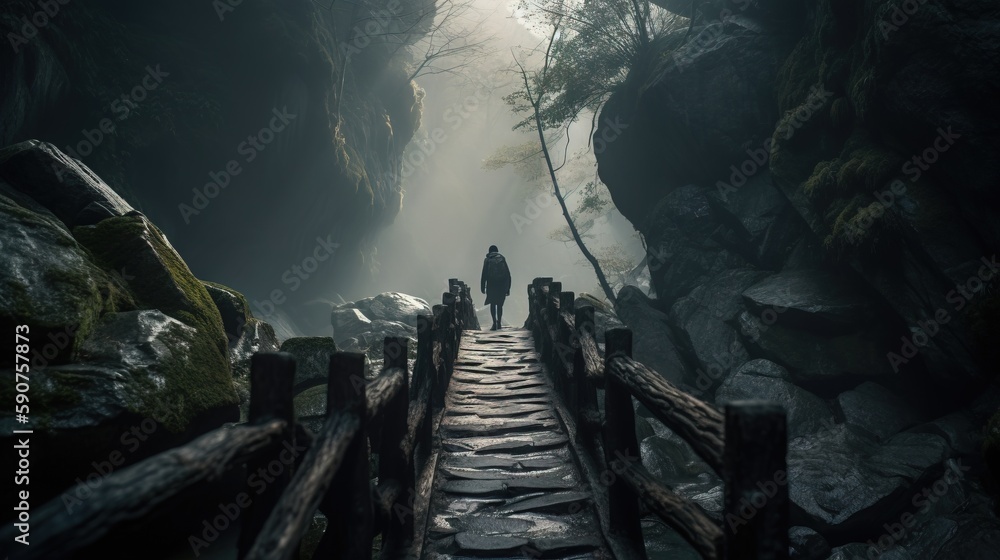 Poster two people walking down a wooden path in a cave with fog and light coming from the cave walls and tr