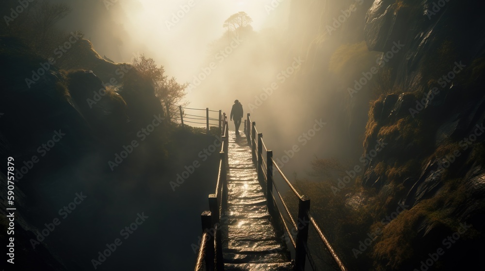 Poster a person walking down a path in the woods on a foggy day with the sun shining through the trees and 