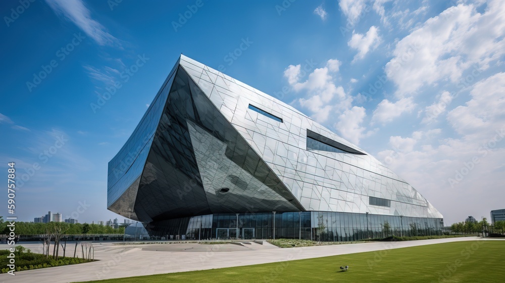 Poster a large building with a triangular design on the side of it's face on a sunny day with blue sky and 