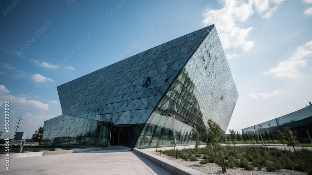 Poster a large glass building with a sky in the background and a tree in the front of the building and a fe