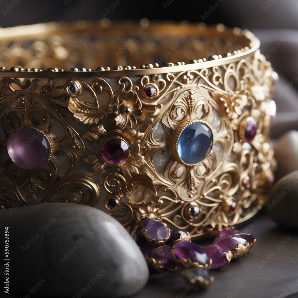 Poster a gold bracelet with various colored stones on a table next to a rock and a stone on a table with a 