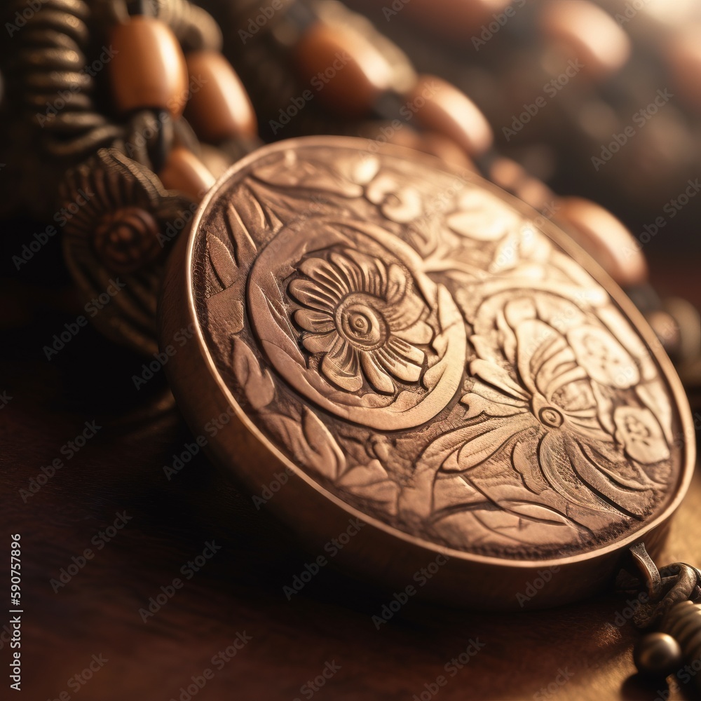 Poster a close up of a necklace on a table with beads and a necklace on it's side with a flower design on t