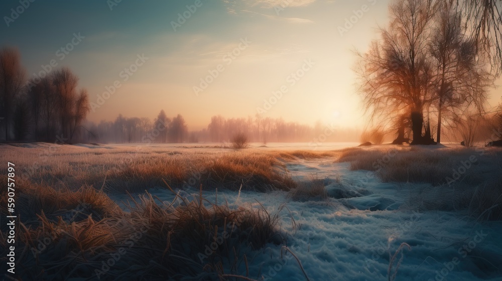 Poster the sun is setting over a snowy field with trees in the background and a frozen river in the foregro