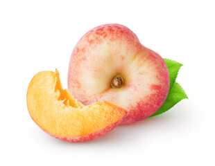 Isolated peaches. One heart shaped flat peach fruit and a piece with leaves isolated on white background
