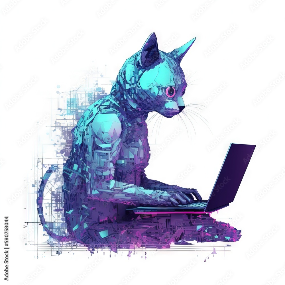 Poster a cat that is sitting on a laptop computer with a blue background. generative ai