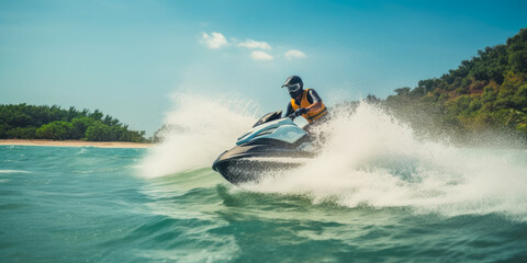 Man on water scooter, water sports, vacation, summer and leisure, one the sea, blue water, generated ai