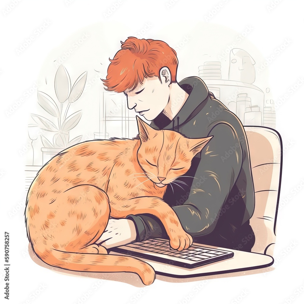 Poster a man sitting on a couch using a laptop computer with a cat on his lap. generative ai
