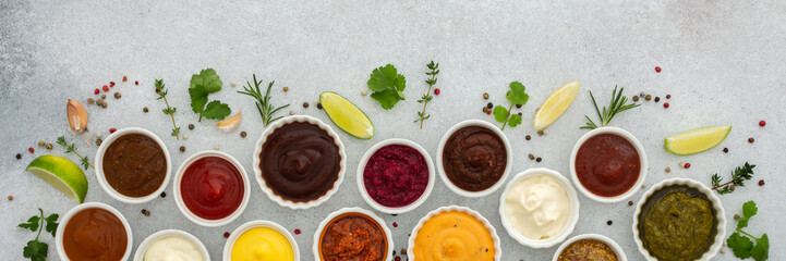 Different types of sauces in bowls with seasonings banner, rosemary and pepper, thyme and garlic, lime and lemon, cilantro, top view, copy space