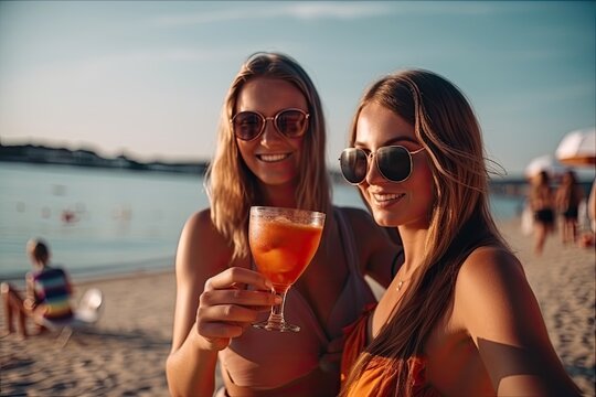 Smiling pretty woman with long hair in swimsuit and sunglasses, drinking a fruit cocktail. Ai generative.