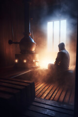 Fototapeta na wymiar Sweating in the Sauna: Person Relaxing in Steamy Room