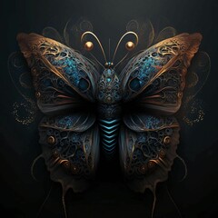 an intricate butterfly on a black background with golden accents and a dark sky