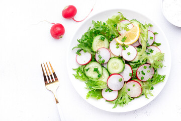 Fresh summer salad with radishes, cucumbers, lettuce and green onions with greek yogurt dressing, white table background, top view
