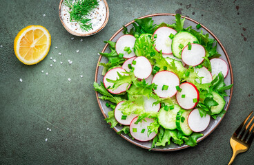 Fresh spring crispy salad with radishes, cucumbers, lettuce and green onions with greek yogurt dressing, green table background, top view