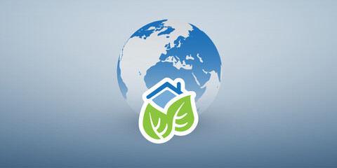 Eco House, Smart Homes, Global Envronmental Protection Concept Design - Pictogram, Symbol, House Icon With Leaves and Earth Globe on Blue Gradient Background - Illustration in Editable Vector Format