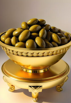green olives inside a golden bowl, generative ai, bowl of olives