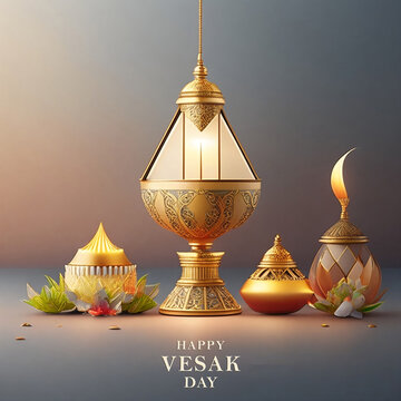 Happy Vesak Day Greetings picture with lamp and flowers. Generative AI