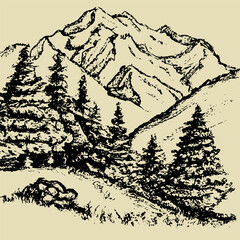 Mountain landscape with mountains and coniferous forest. Engraving. Sketch Style black on a beige background. Hand drawing. Vector illustration.