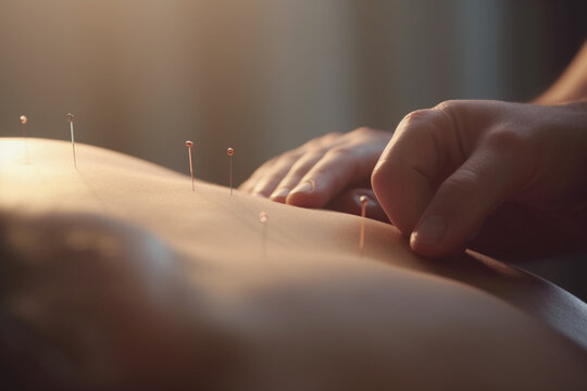 Close-up of Acupuncture Needles Inserted into Skin with Hands Placed on Top