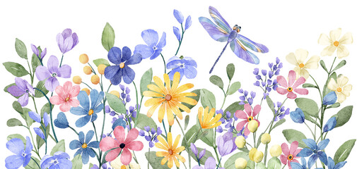 Flowers, floral border with dragonfly. Watercolor hand drawing.  - obrazy, fototapety, plakaty