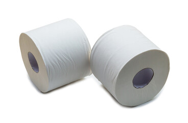 two rolls of white tissue paper or napkin for use in toilet or restroom isolated on white background with clipping path and shadow in png format