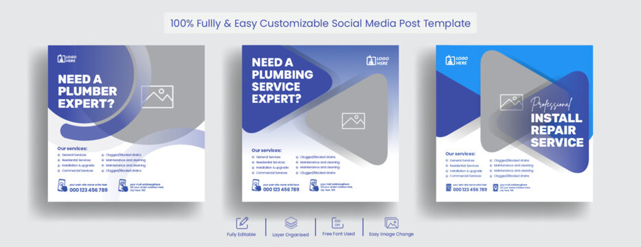 Social Media Posts For Plumbing Service, Cleaning Service Social Media Banner Ads Design, Construction, Renovation, Handyman, Home Repair Web Banner Or Flyer Template Design