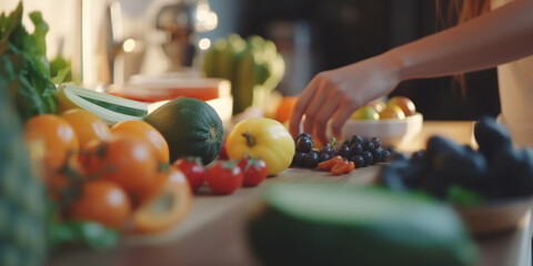 Bright Kitchen with Wooden Countertop, Abundant Fruits and Vegetables, and Blurry Chef in the Background