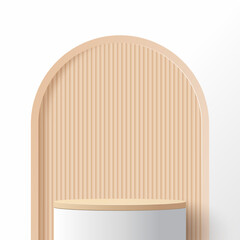Podium platform to show product with beige circle background. White minimal scene for product display presentation