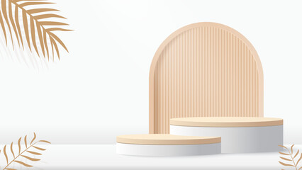 Podium platform to show product with beige geometric shape. White minimal scene for product display presentation