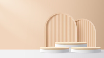 Podium platform to show product with beige geometric shape. Beige minimal scene for product display presentation