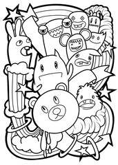 Hand-drawn illustrations, monsters doodle, Hand Drawn cartoon monster illustration,Cartoon crowd doodle hand-drawn Doodle style.black and white stripes coloring  book.
