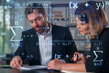 Businesspeople in formal wear taking notes signing contract at office workplace. Concept of...