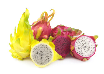 Different kinds of dragon fruits isolated on white background.