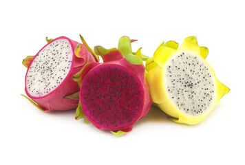 Yellow, red and white pitaya fruits isolated on white 