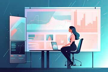 Obraz premium businesswoman making a presentation in front of a large screen with financial data displayed, flat illustration
