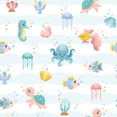 Seamless pattern with sea animals. Sea life. Octopus, gold fish, sea turtle, coral reefs, shells. Vector illustration.
