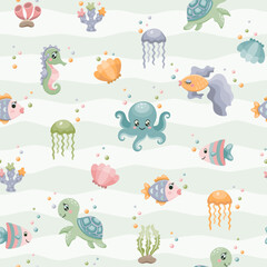 Seamless pattern with sea animals. Sea life. Octopus, gold fish, sea turtle, coral reefs, shells. Vector illustration.
