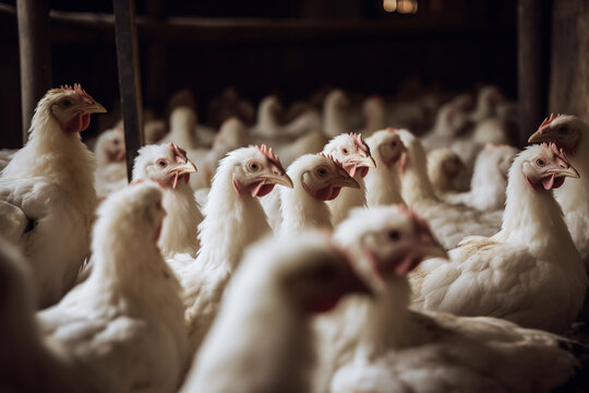 A generatiev AI image of broiler chickens in a factory farm shed