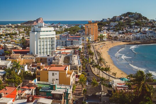 Aerial shot of a tourist attraction in Mazatlan with modern coastal buildings, Mexico