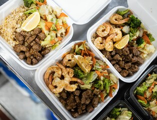 Top view of lunchboxes with roasted beef, salad, and shrimp on the table