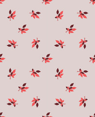 Floral seamless pattern with red and brown leaves on light grey background. Leaf motifs scattered random. Good for wrapping paper, wallpaper, textile, card, web. Vector illustration.