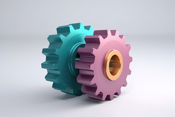 Colorful clock or transmission gears 3d render on isolated background. Engine gear mechanism symbol of progress