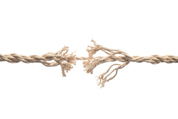 Frayed rope about to break concept for stress, problem, fragility or precarious business situation ...