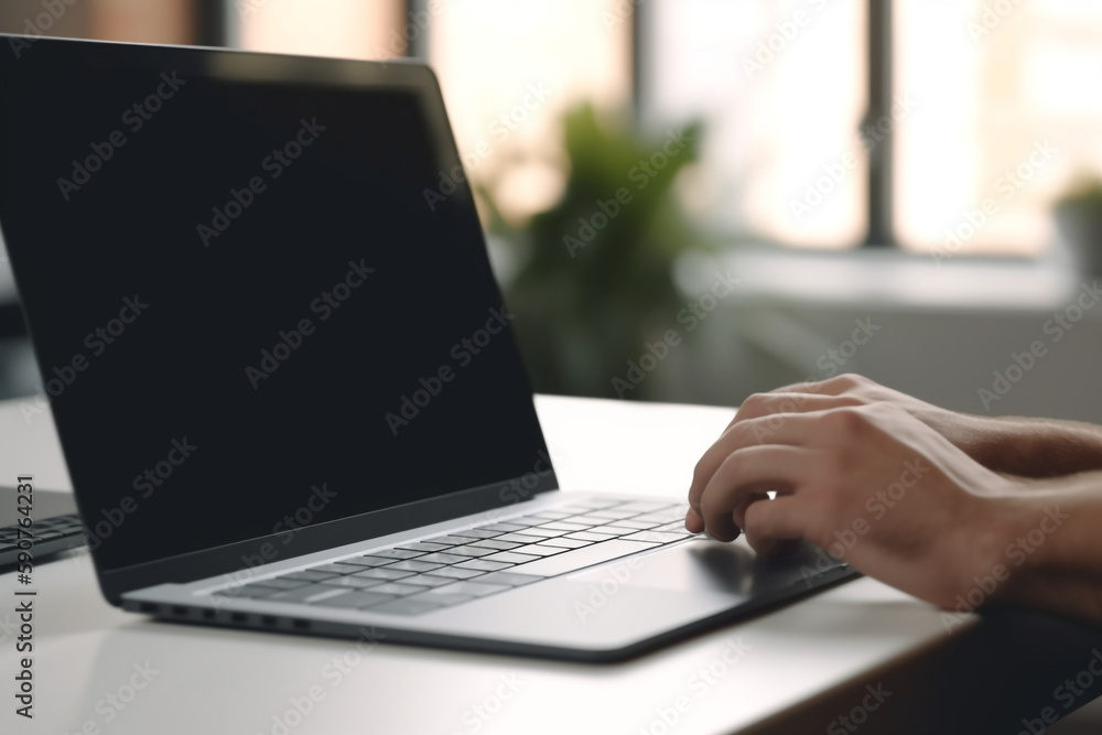 Poster young man using laptop computer with blank empty mockup screen, generative ai