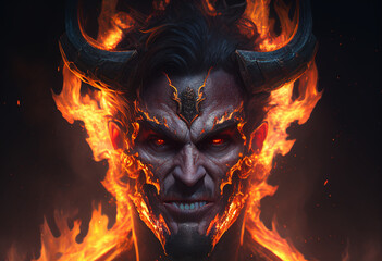 The face of a man from hell on fire. AI genarated