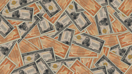 Obraz premium Financial american vintage illustration. Seamless pattern. Randomly scattered paper banknotes of 100000 dollars. Wallpaper or background.